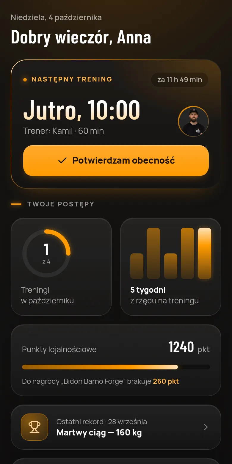 Ekran aplikacji Barno Forge z planem treningów
